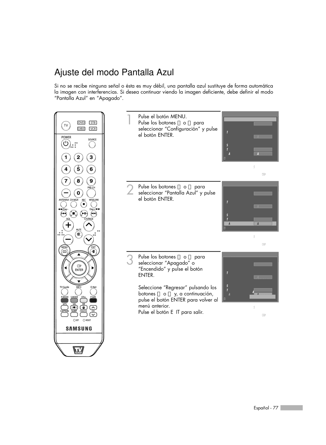 Samsung HL-S5688W, HL-S6188W, HL-S7178W, SP-71L8UH, HL-S5088W manual Ajuste del modo Pantalla Azul 