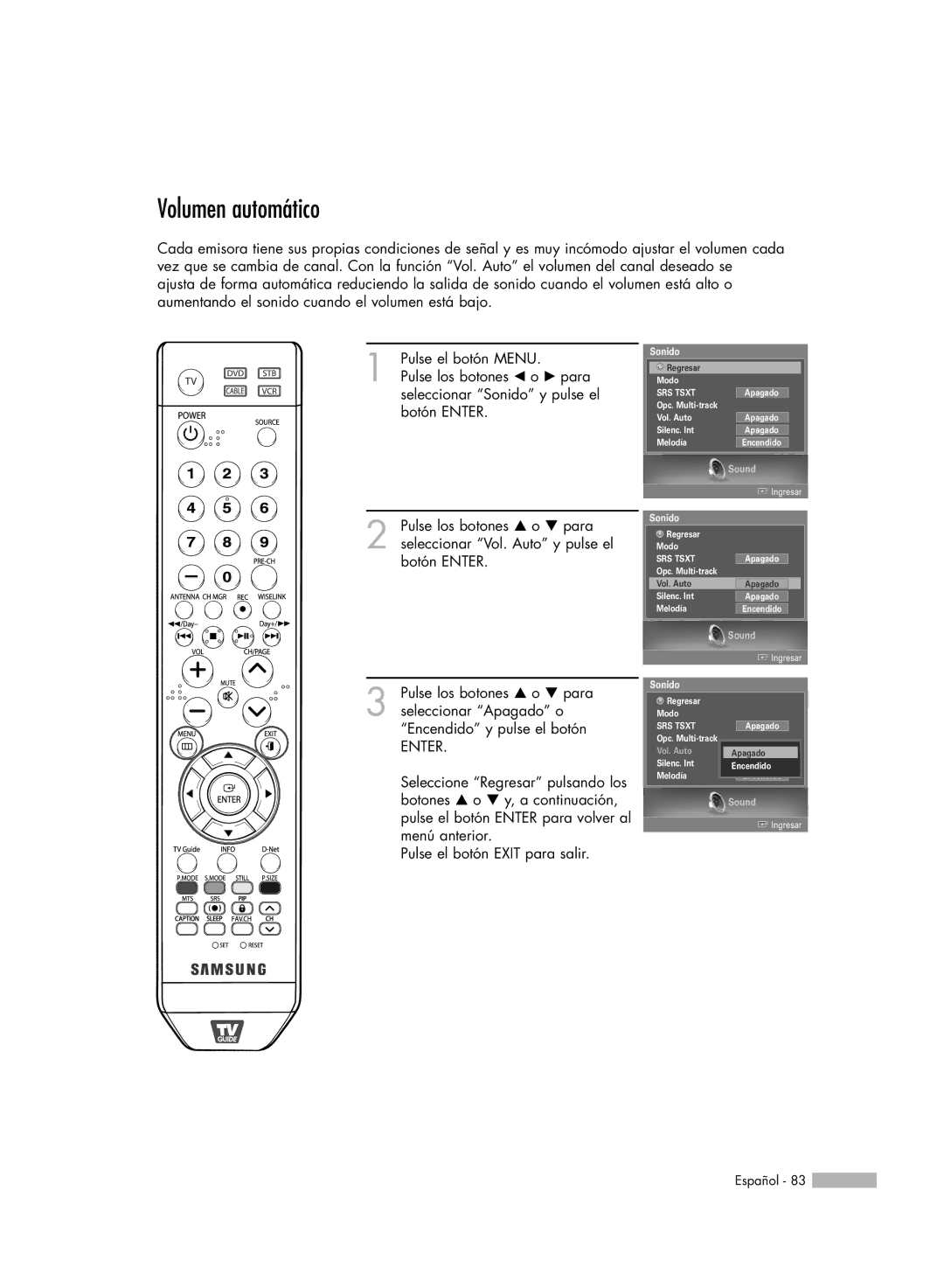 Samsung SP-71L8UH, HL-S6188W, HL-S7178W, HL-S5688W, HL-S5088W manual Volumen automático 