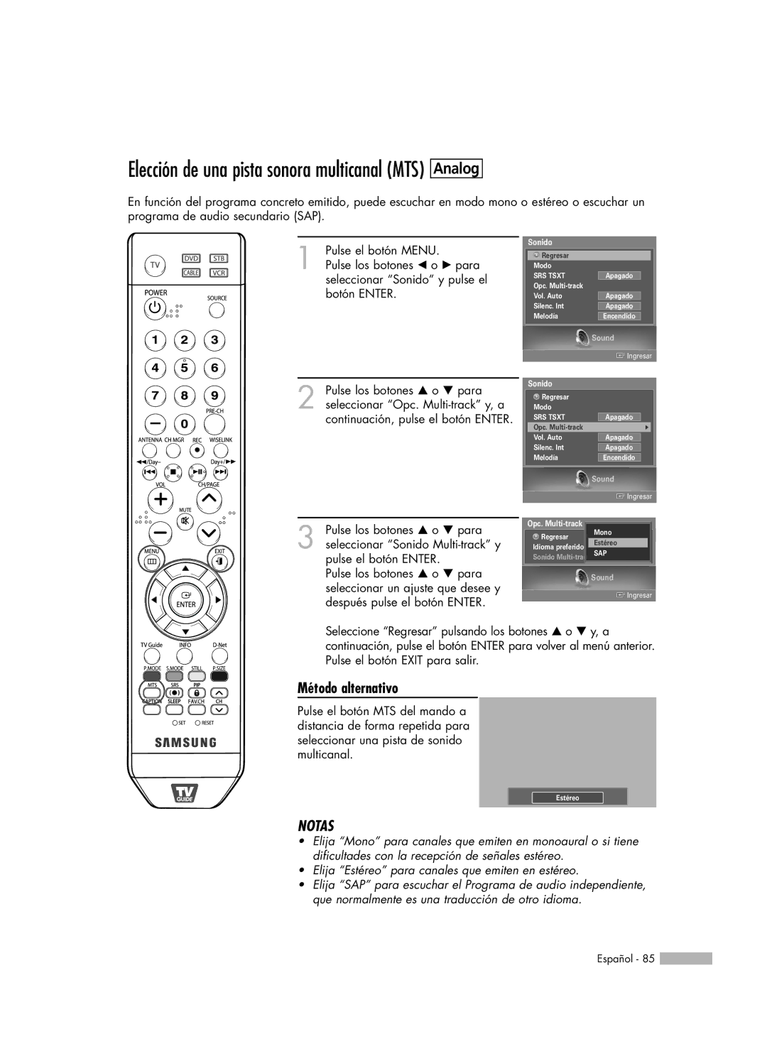 Samsung HL-S6188W, HL-S7178W, HL-S5688W, SP-71L8UH, HL-S5088W manual Regresar Mono 