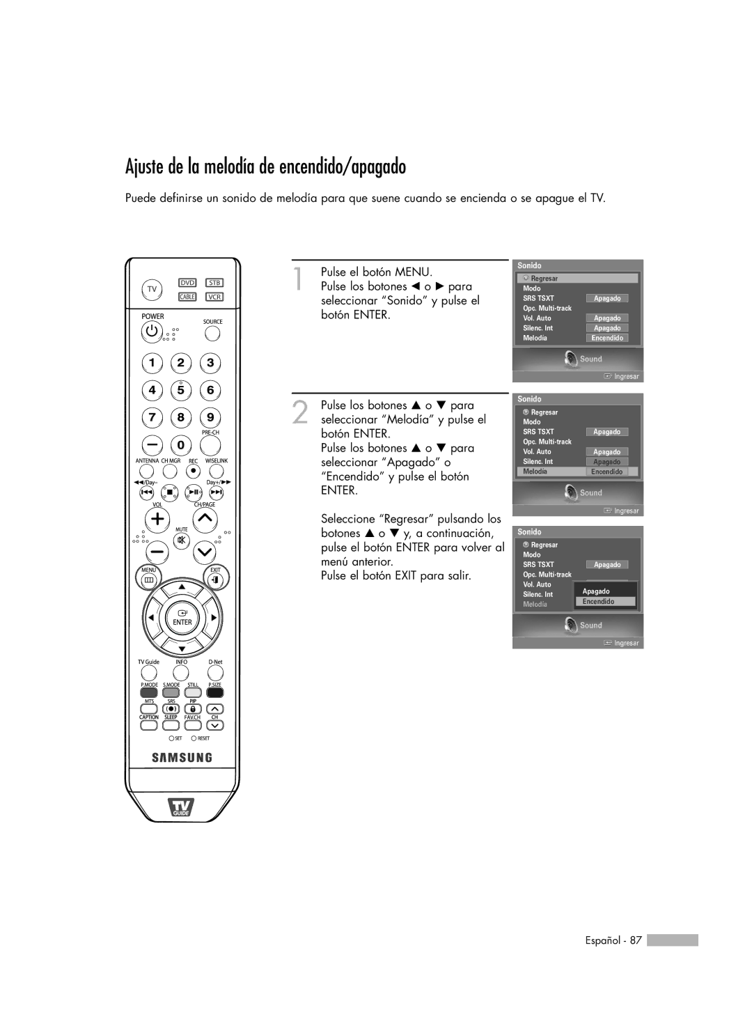 Samsung HL-S5688W, HL-S6188W, HL-S7178W, SP-71L8UH, HL-S5088W manual Ajuste de la melodía de encendido/apagado 