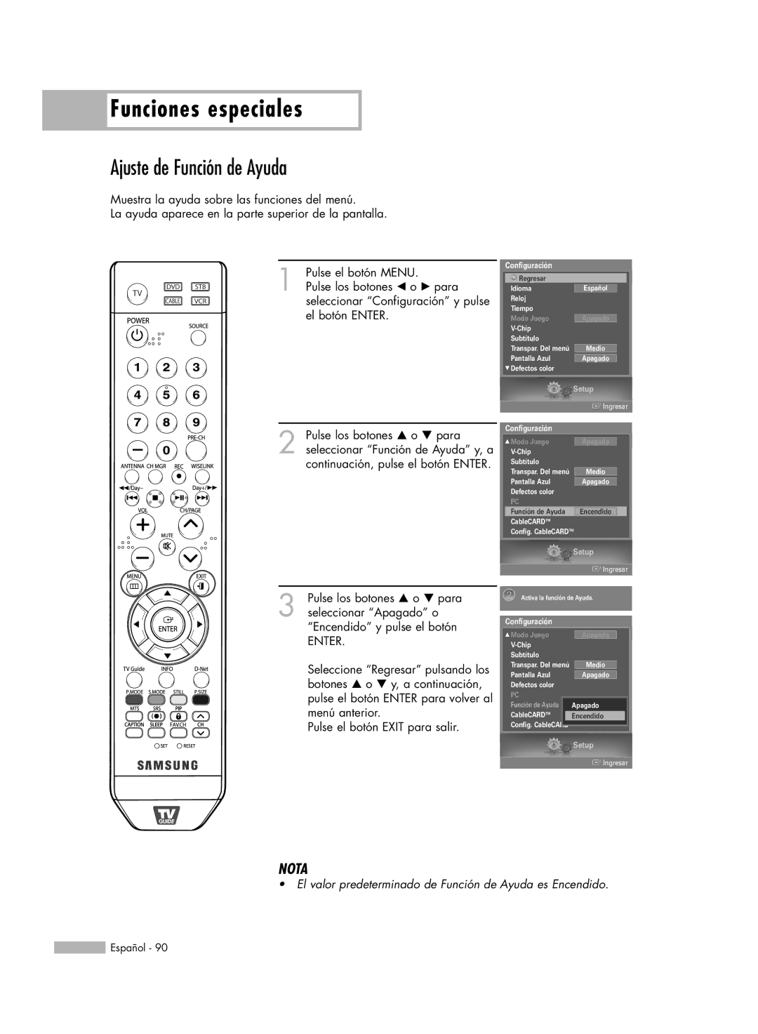 Samsung HL-S6188W, HL-S7178W, HL-S5688W, SP-71L8UH, HL-S5088W manual Funciones especiales, Ajuste de Función de Ayuda 