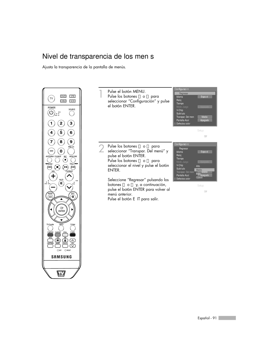 Samsung HL-S7178W, HL-S6188W, HL-S5688W, SP-71L8UH, HL-S5088W manual Nivel de transparencia de los menús 