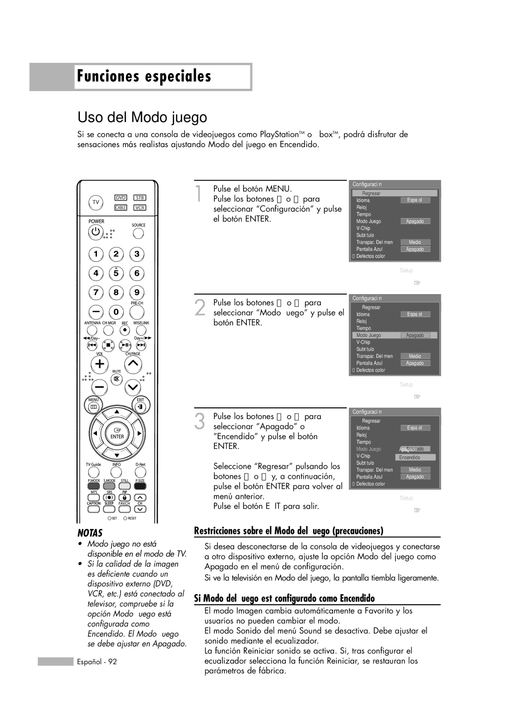 Samsung HL-S5688W, HL-S6188W, HL-S7178W, SP-71L8UH Uso del Modo juego, Restricciones sobre el Modo del juego precauciones 