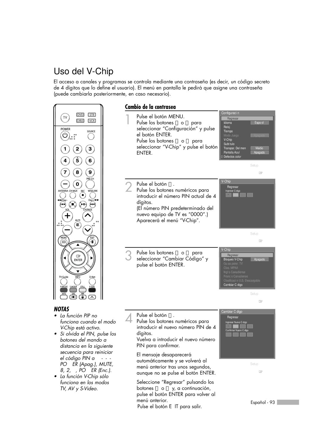 Samsung SP-71L8UH, HL-S6188W, HL-S7178W, HL-S5688W, HL-S5088W manual Uso del V-Chip, Cambio de la contraseña 