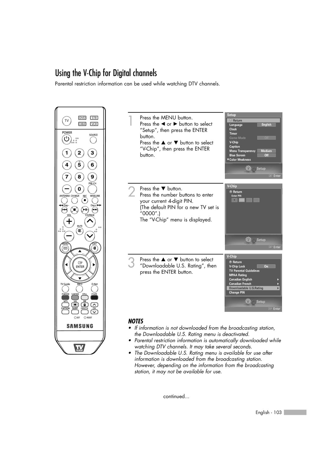 Samsung HL-S7178W, HL-S6188W, HL-S5688W manual Using the V-Chip for Digital channels 