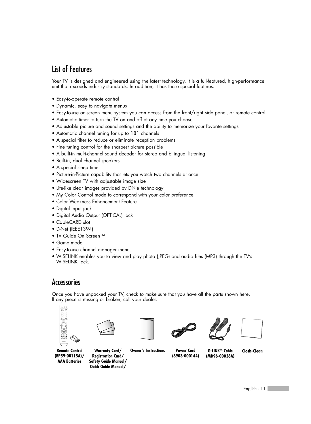 Samsung HL-S5688W, HL-S6188W, HL-S7178W manual List of Features, Accessories 