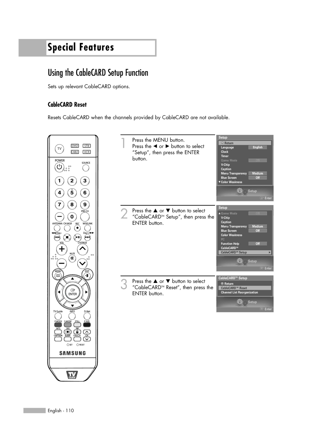 Samsung HL-S5688W, HL-S6188W, HL-S7178W manual Using the CableCARD Setup Function, CableCARD Reset 