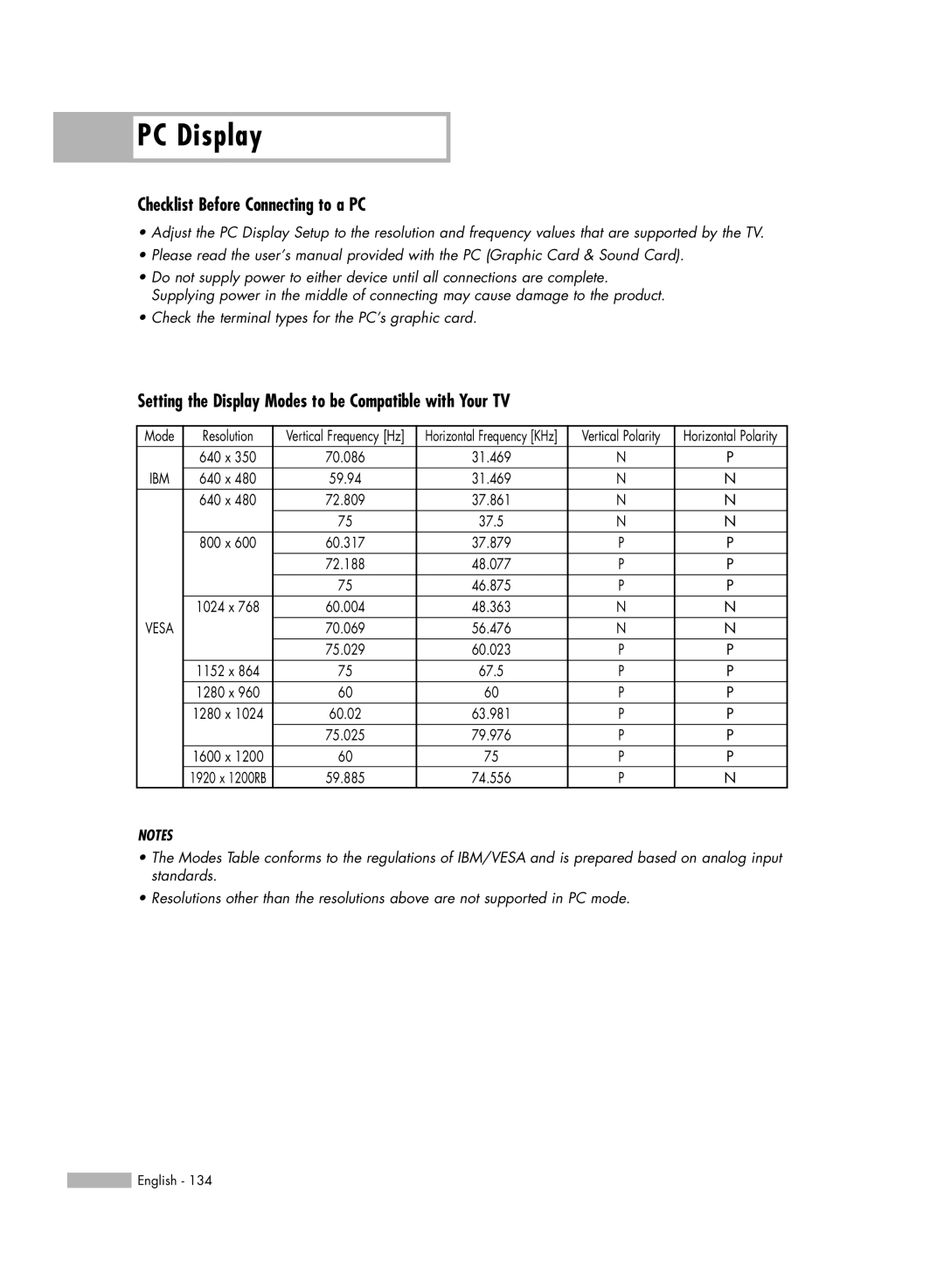 Samsung HL-S5688W, HL-S6188W Checklist Before Connecting to a PC, Setting the Display Modes to be Compatible with Your TV 