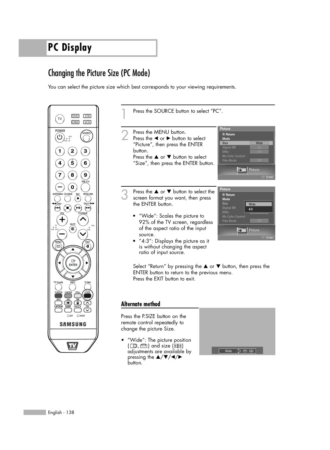 Samsung HL-S6188W, HL-S7178W, HL-S5688W manual Changing the Picture Size PC Mode, Alternate method 