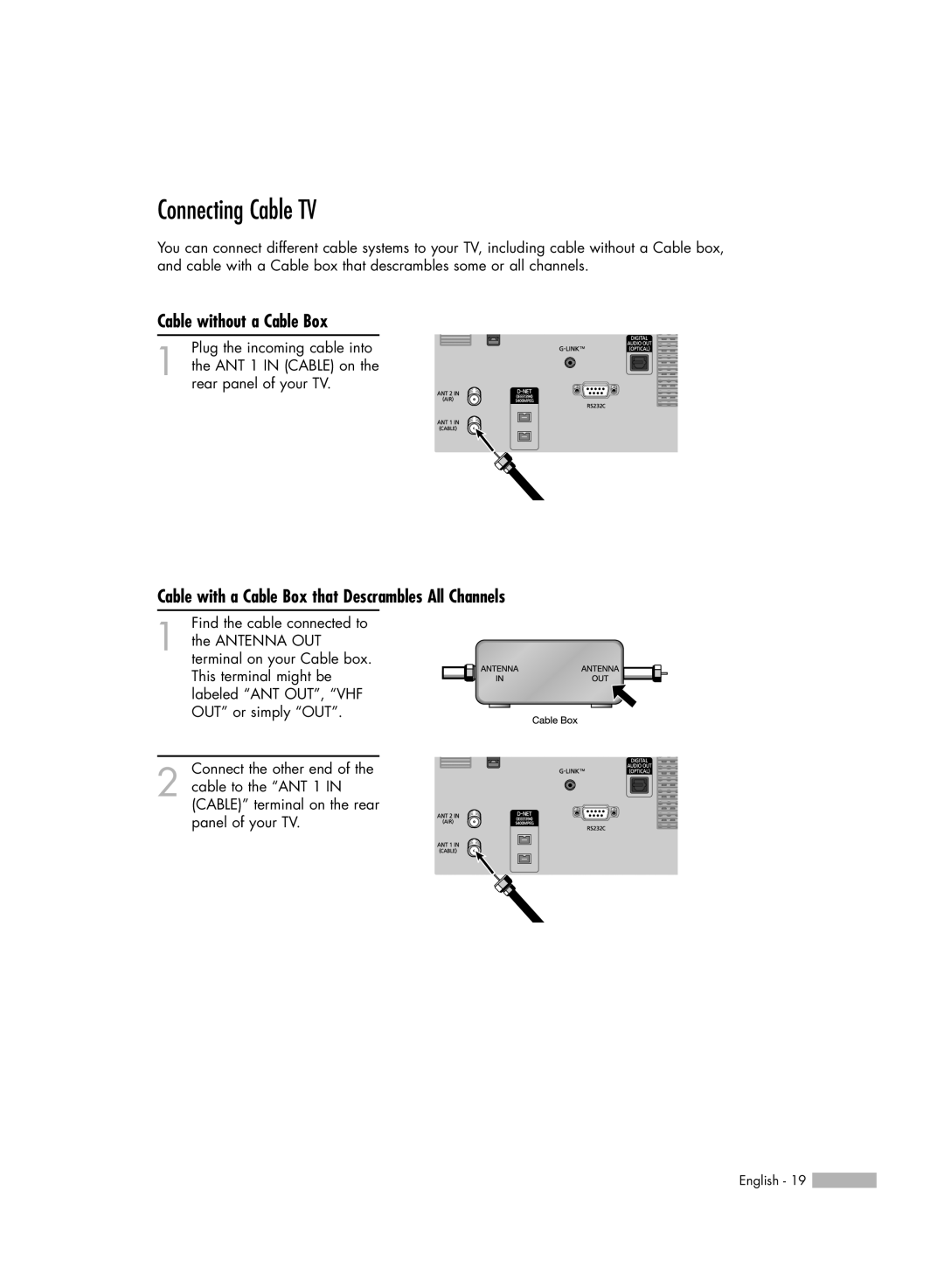 Samsung HL-S7178W Connecting Cable TV, Cable without a Cable Box, Cable with a Cable Box that Descrambles All Channels 