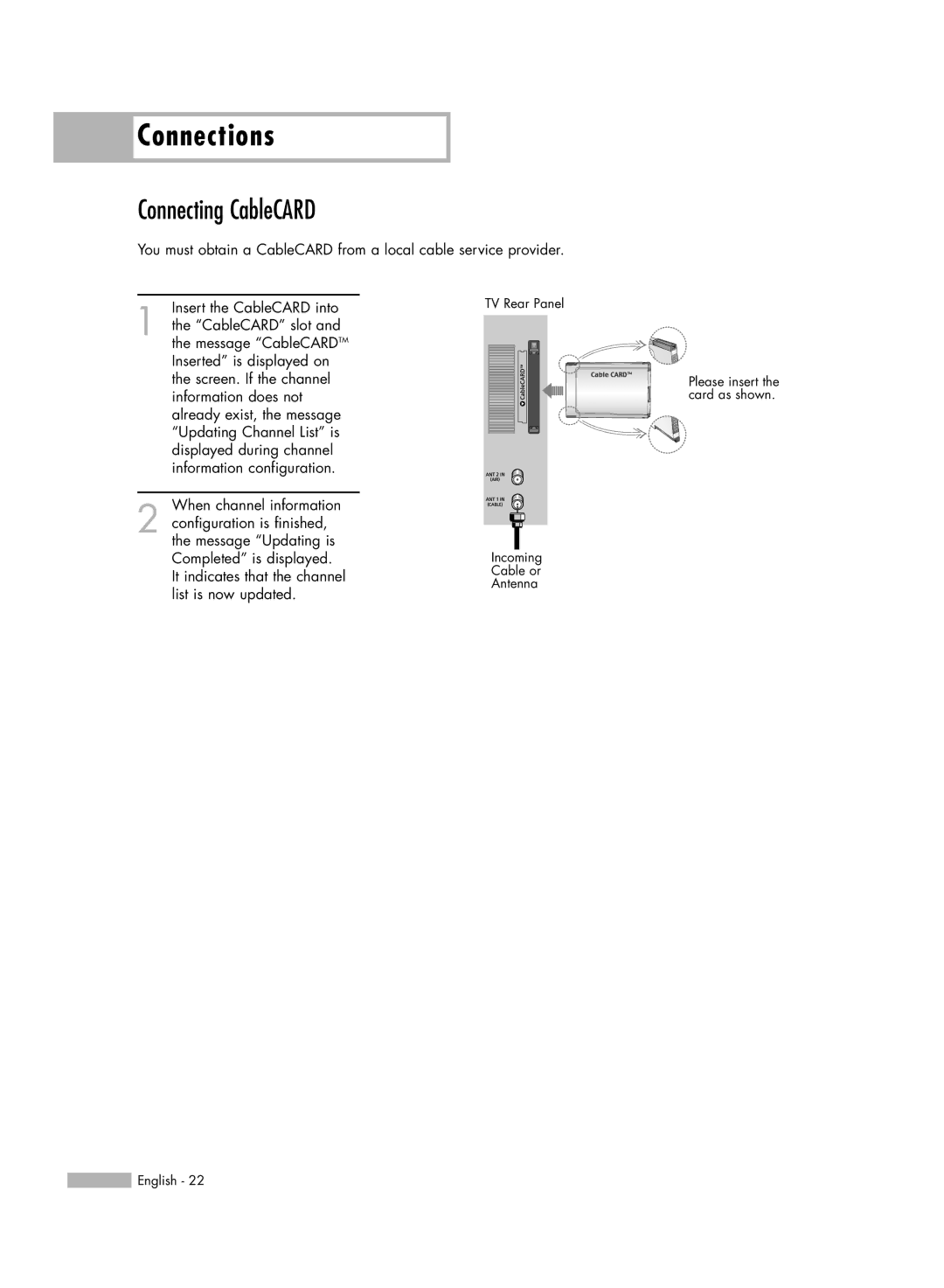 Samsung HL-S7178W, HL-S6188W, HL-S5688W manual Connecting CableCARD 