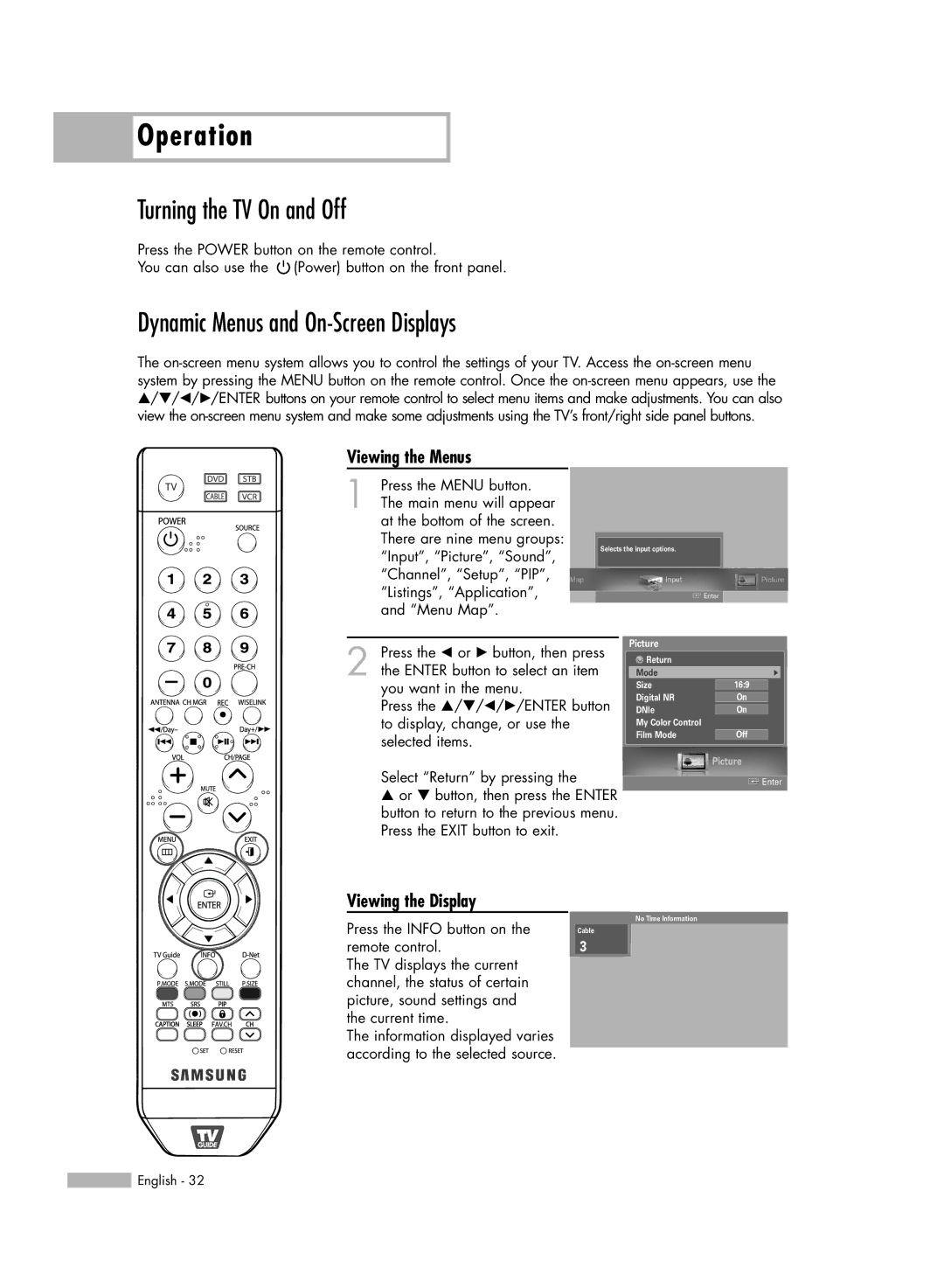 Samsung HL-S5688W Turning the TV On and Off, Dynamic Menus and On-Screen Displays, Viewing the Menus, Viewing the Display 