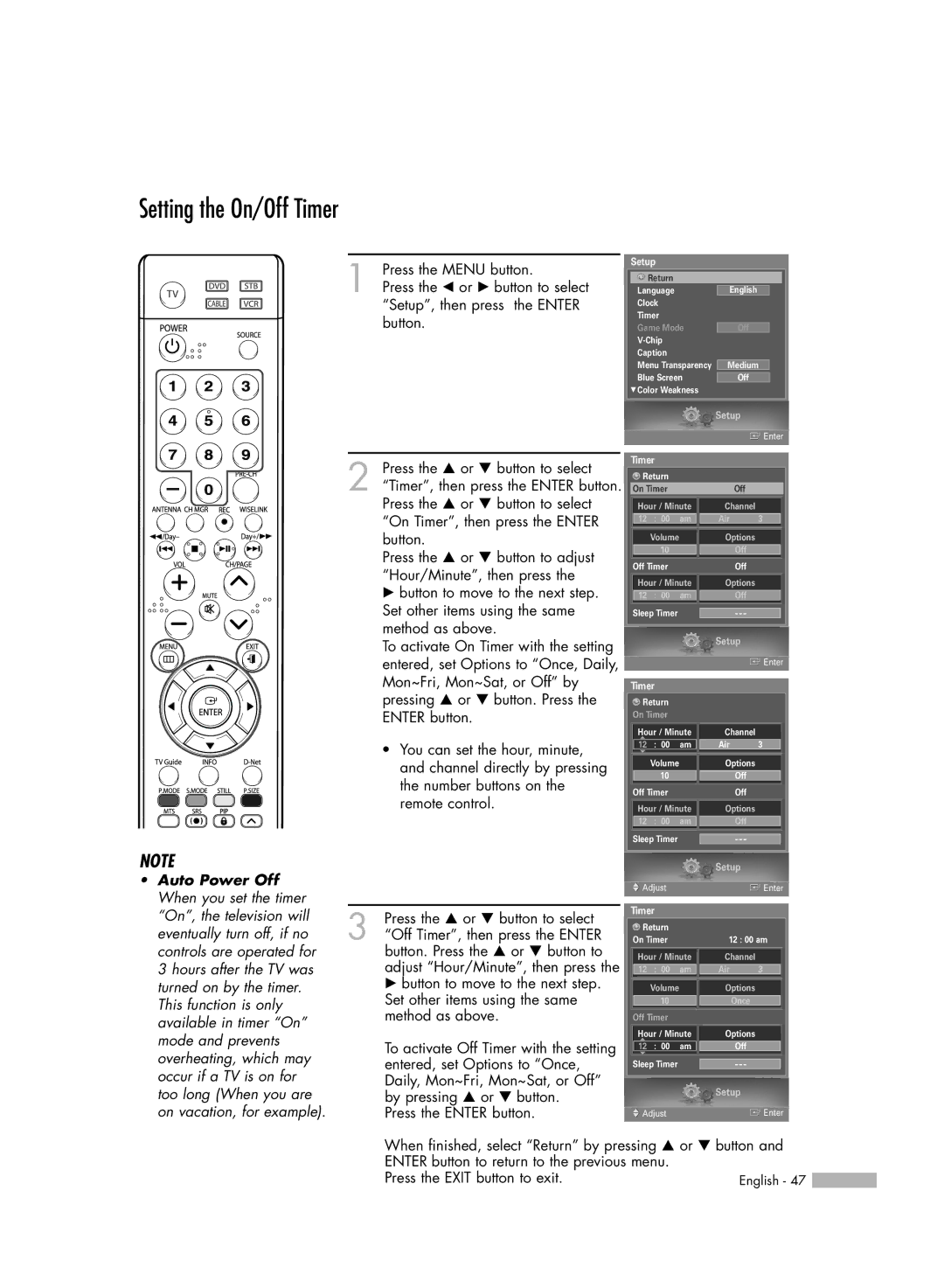 Samsung HL-S5688W, HL-S6188W, HL-S7178W manual Setting the On/Off Timer, Auto Power Off 