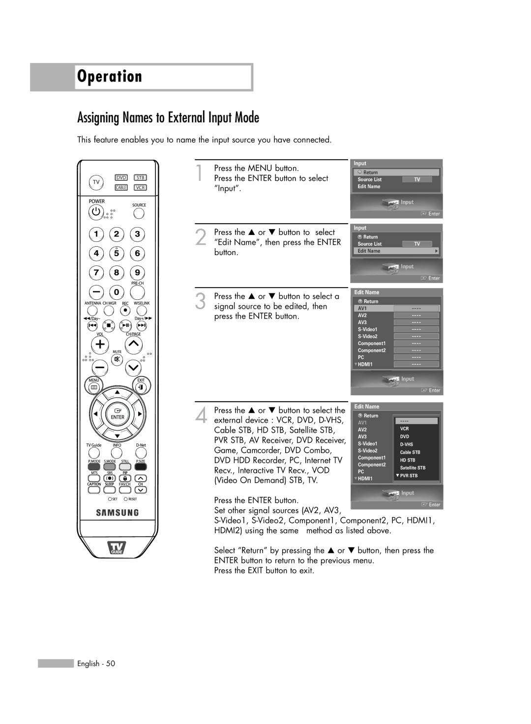 Samsung HL-S5688W, HL-S6188W, HL-S7178W manual Assigning Names to External Input Mode 