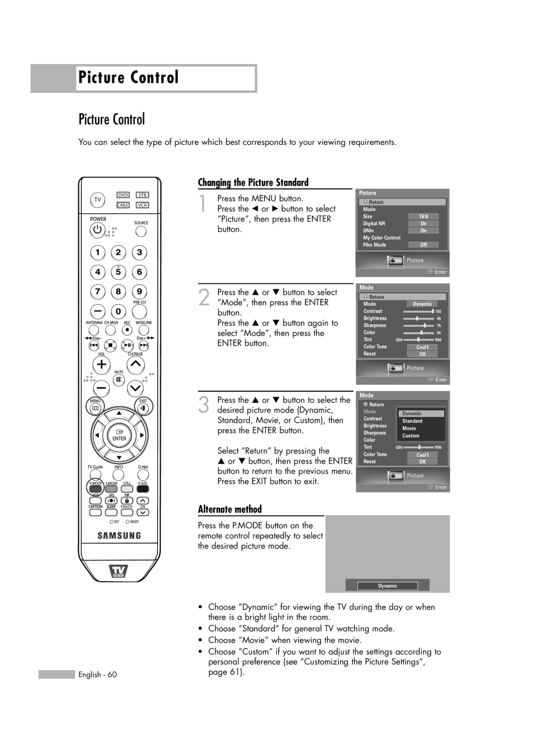 Samsung HL-S6188W, HL-S7178W, HL-S5688W manual Picture Control, Changing the Picture Standard 