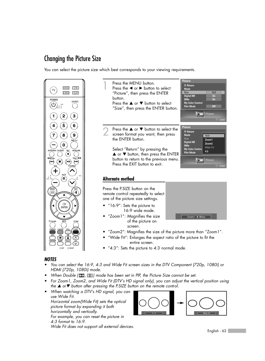 Samsung HL-S6188W, HL-S7178W, HL-S5688W manual Changing the Picture Size, Alternate method 