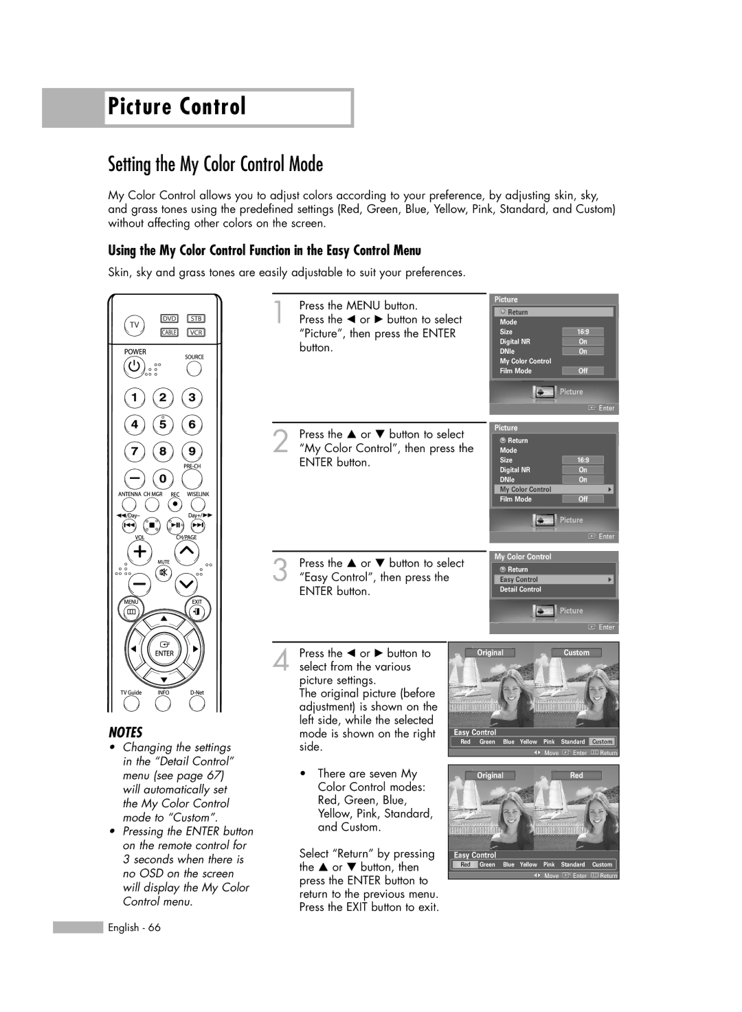 Samsung HL-S6188W manual Setting the My Color Control Mode, Using the My Color Control Function in the Easy Control Menu 