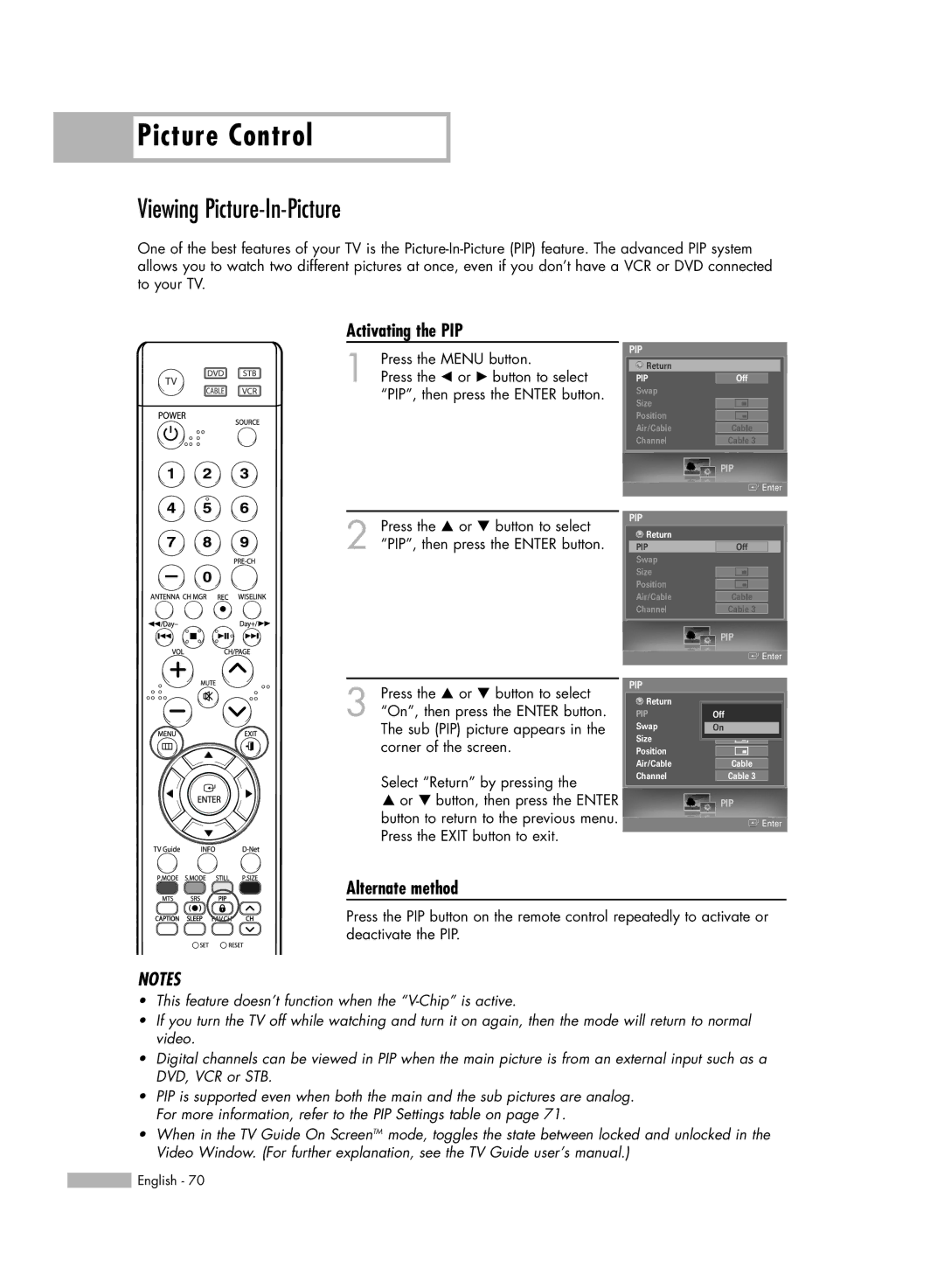 Samsung HL-S7178W, HL-S6188W, HL-S5688W manual Viewing Picture-In-Picture, Activating the PIP 