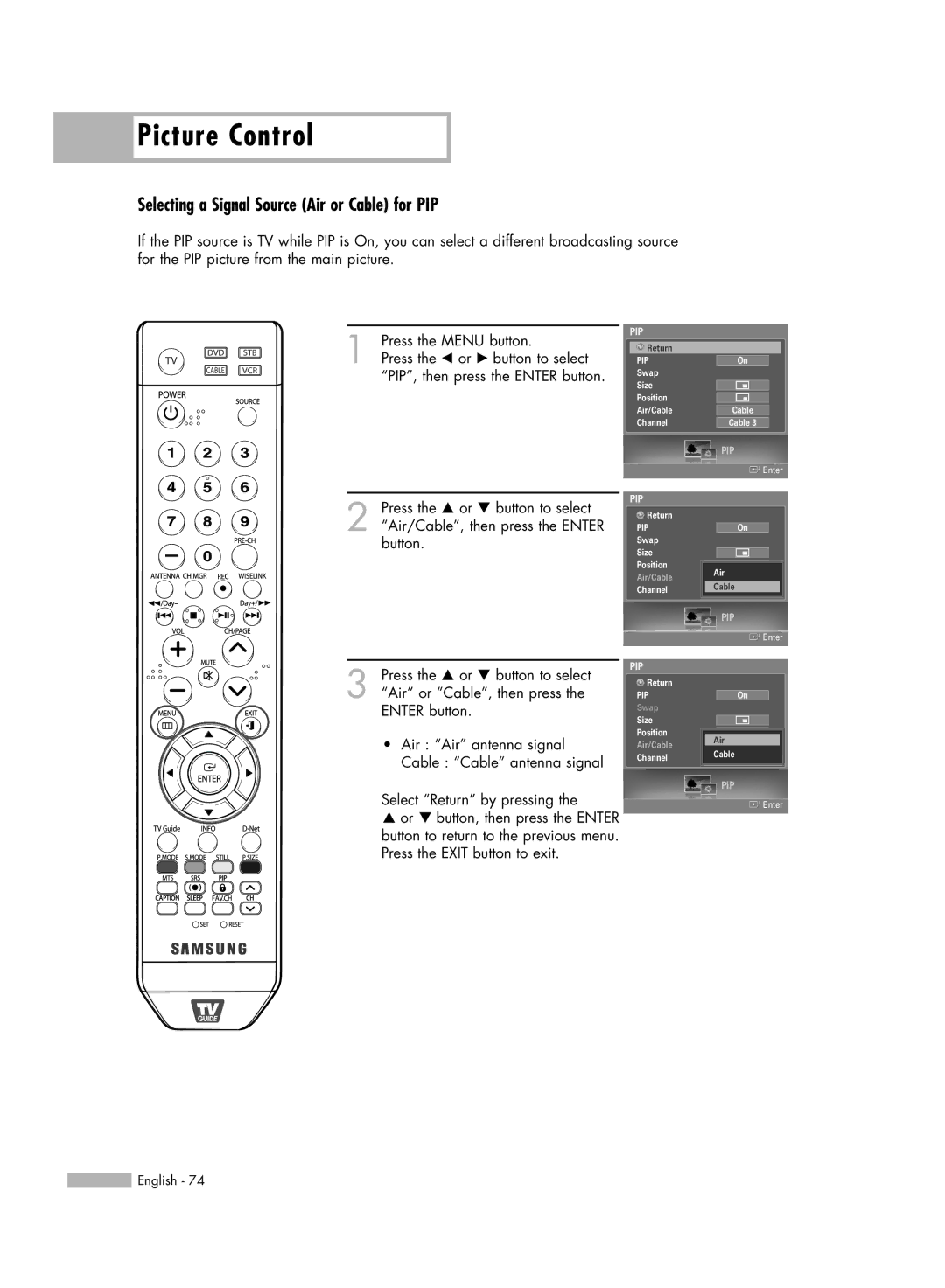 Samsung HL-S5688W, HL-S6188W, HL-S7178W manual Selecting a Signal Source Air or Cable for PIP 