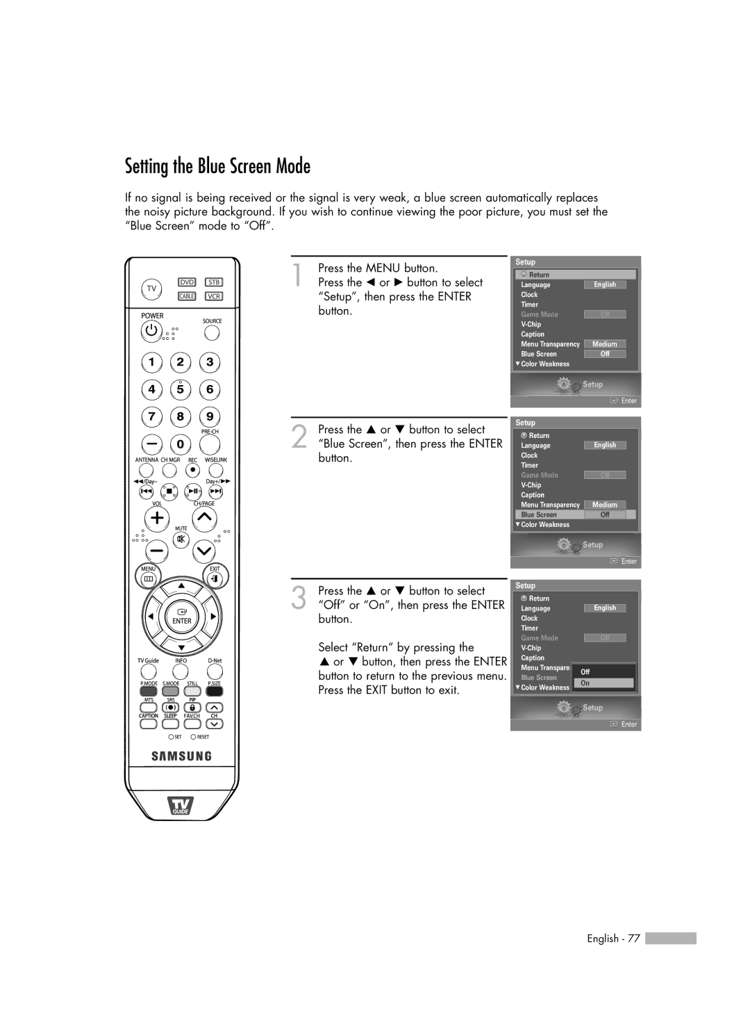 Samsung HL-S5688W, HL-S6188W, HL-S7178W manual Setting the Blue Screen Mode 