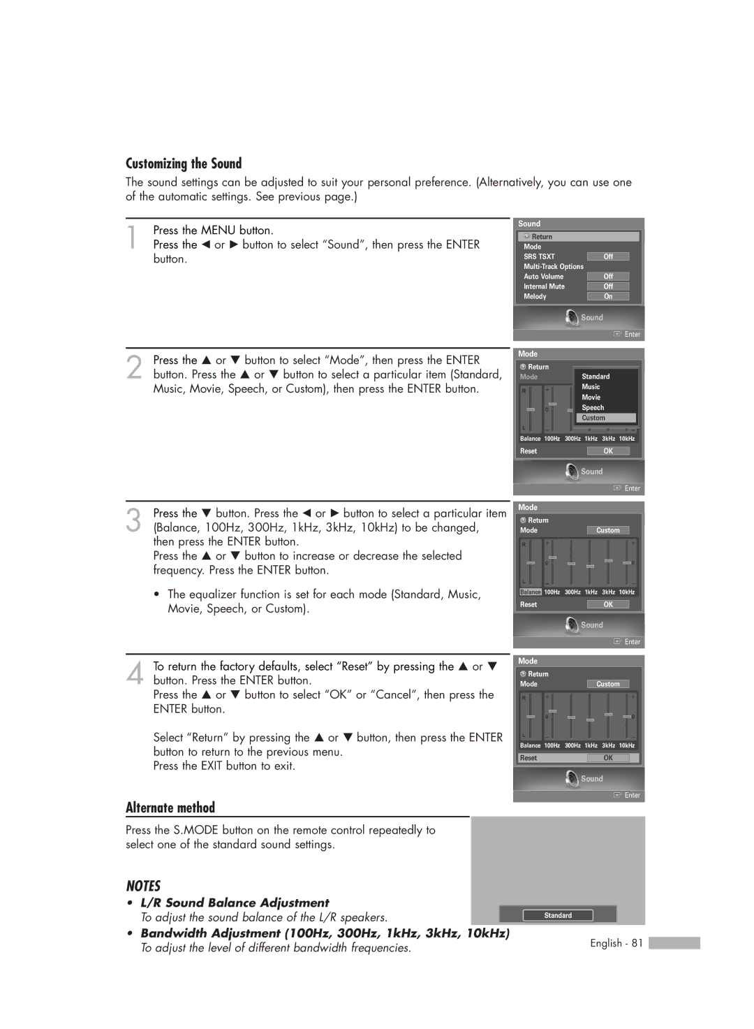 Samsung HL-S6188W, HL-S7178W, HL-S5688W manual Customizing the Sound, Alternate method 