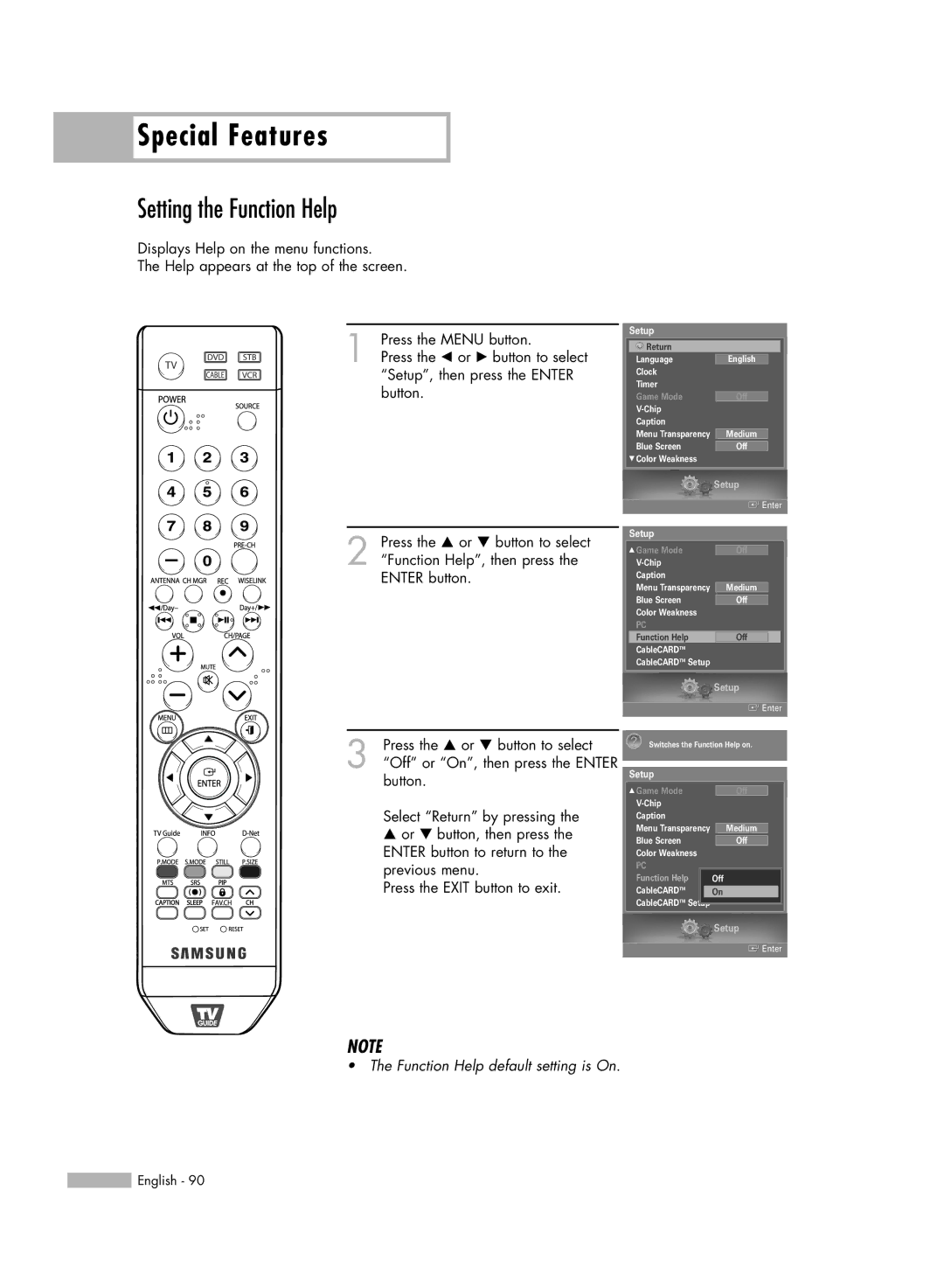 Samsung HL-S6188W, HL-S7178W, HL-S5688W manual Special Features, Setting the Function Help 