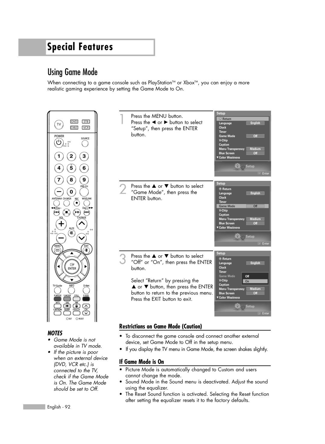 Samsung HL-S5688W, HL-S6188W, HL-S7178W manual Using Game Mode, Restrictions on Game Mode Caution, If Game Mode is On 