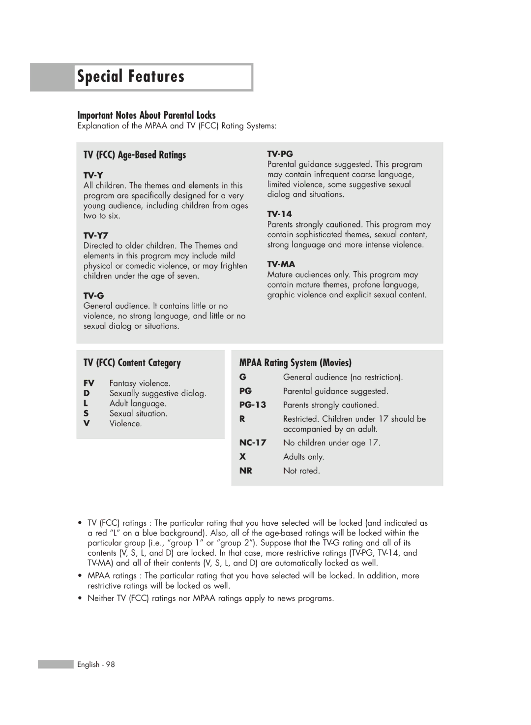 Samsung HL-S5688W, HL-S6188W manual Important Notes About Parental Locks, TV FCC Age-Based Ratings, TV FCC Content Category 