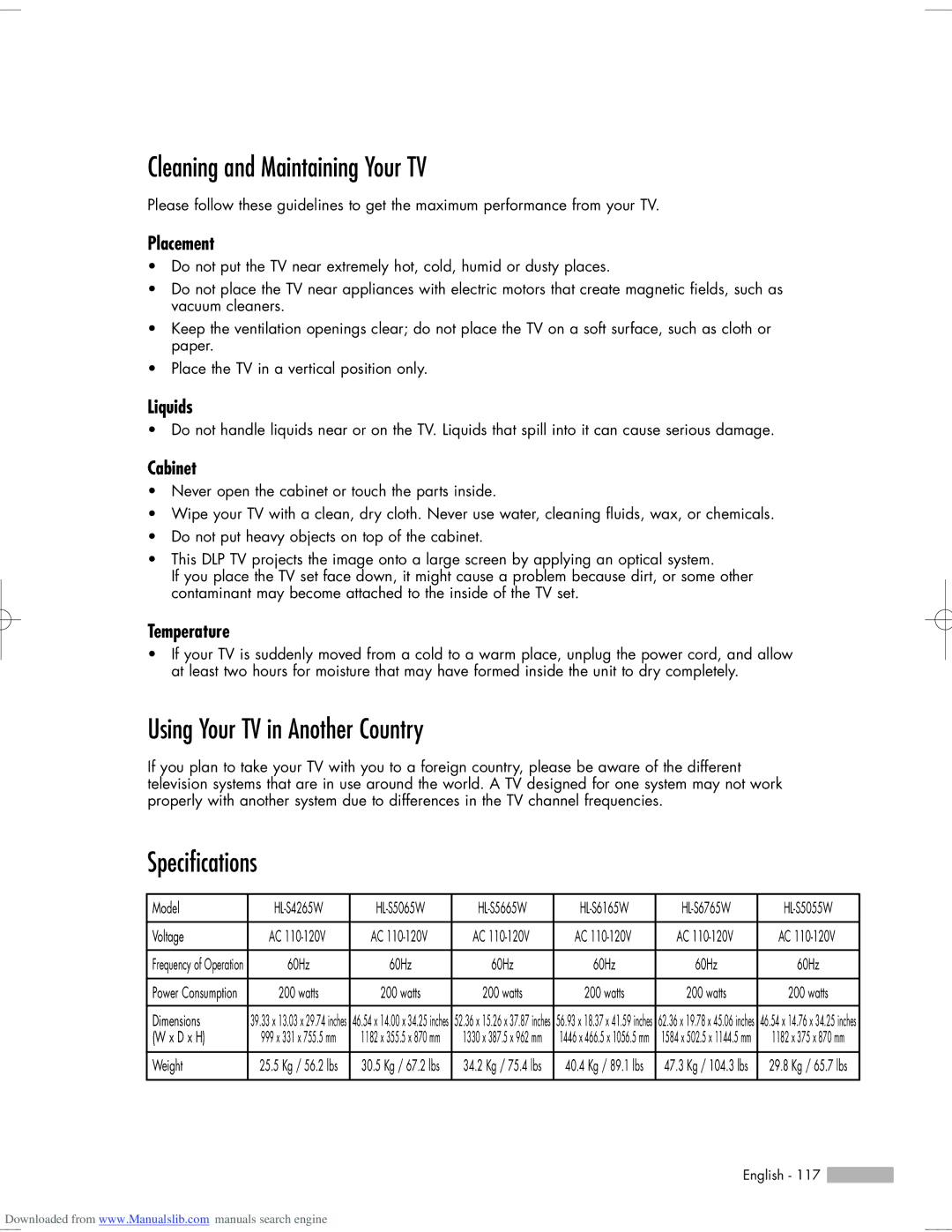 Samsung HL-S5665W, HL-S6765W, HL-S6165W Cleaning and Maintaining Your TV, Using Your TV in Another Country, Specifications 