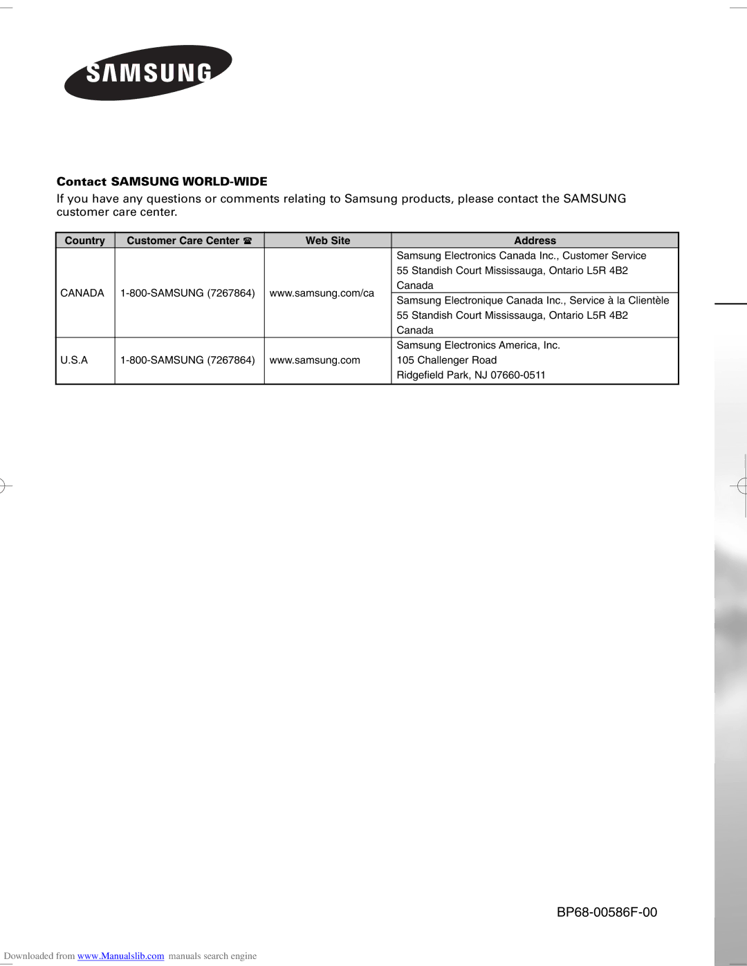 Samsung HL-S6765W, HL-S6165W, HL-S5665W, HL-S5065W Contact Samsung WORLD-WIDE, Country Customer Care Center Web Site Address 