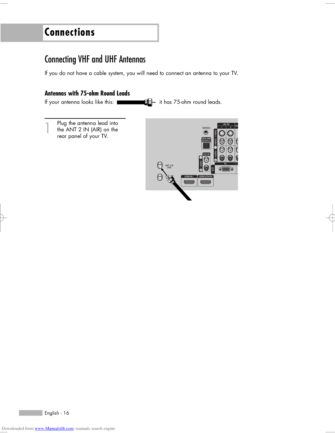 Samsung HL-S6165W, HL-S6765W, HL-S5665W manual Connections, Connecting VHF and UHF Antennas, Antennas with 75-ohm Round Leads 