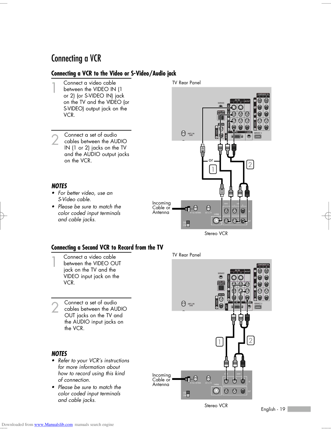 Samsung HL-S5055W Connecting a VCR to the Video or S-Video/Audio jack, Connecting a Second VCR to Record from the TV 