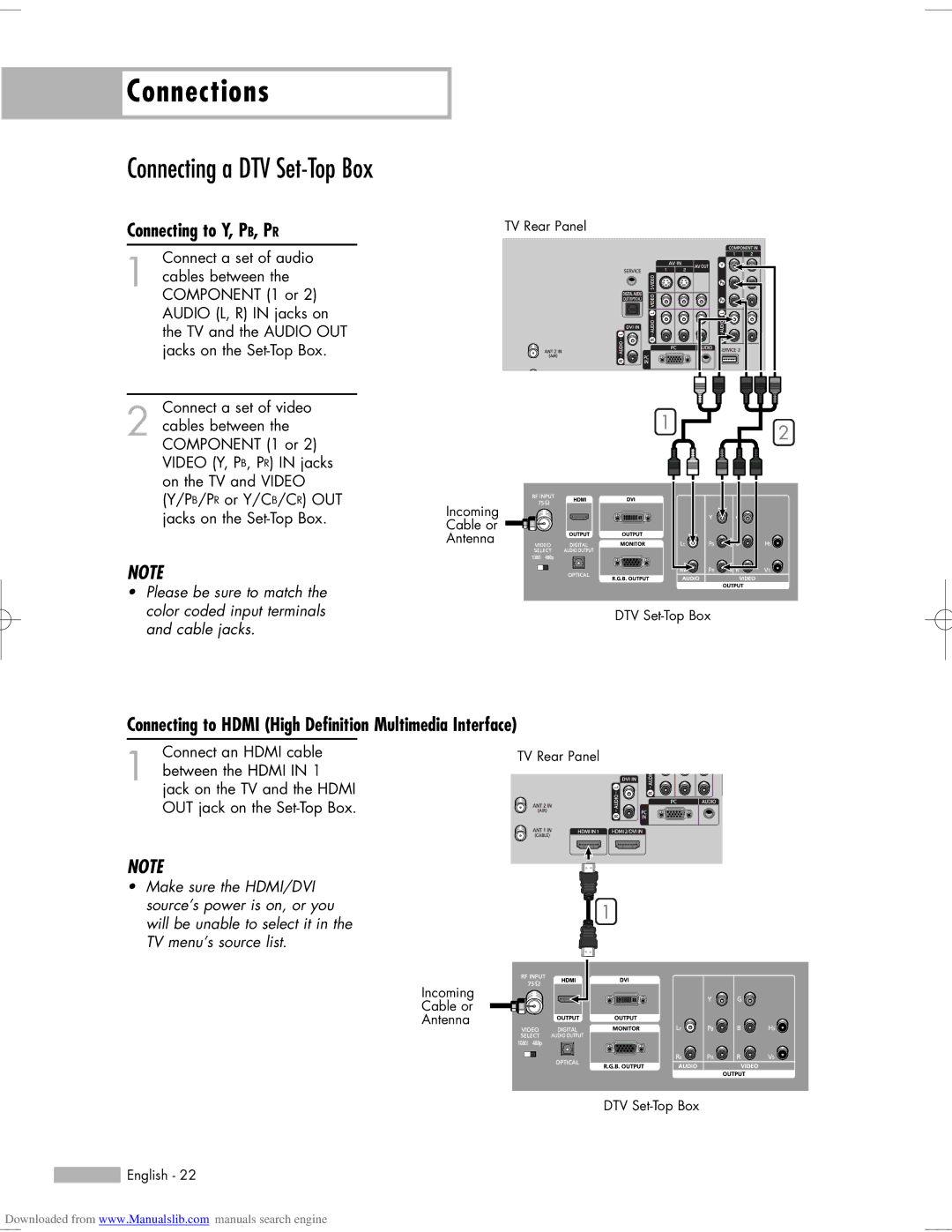 Samsung HL-S5665W, HL-S6765W manual Connecting a DTV Set-Top Box, Connecting to Hdmi High Definition Multimedia Interface 