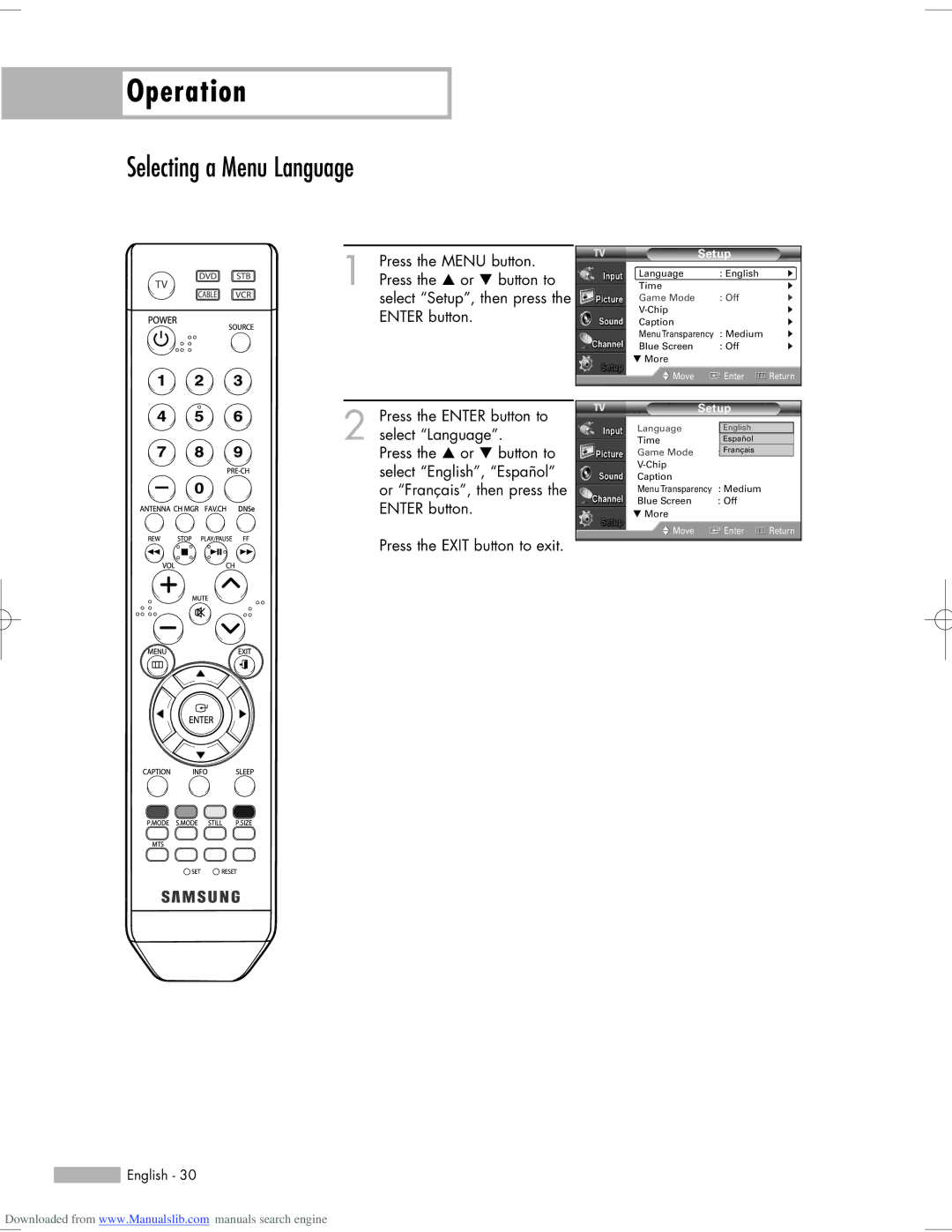 Samsung HL-S6765W, HL-S6165W, HL-S5665W, HL-S5065W manual Selecting a Menu Language, Press the Exit button to exit English 