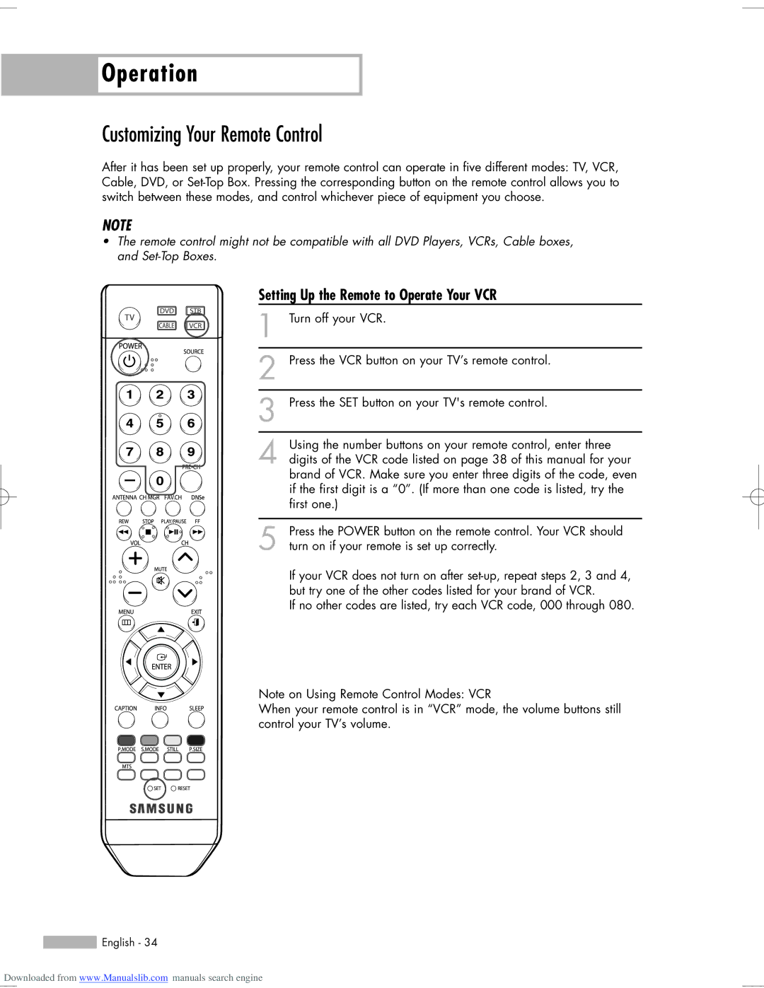 Samsung HL-S5055W, HL-S6765W, HL-S6165W manual Customizing Your Remote Control, Setting Up the Remote to Operate Your VCR 