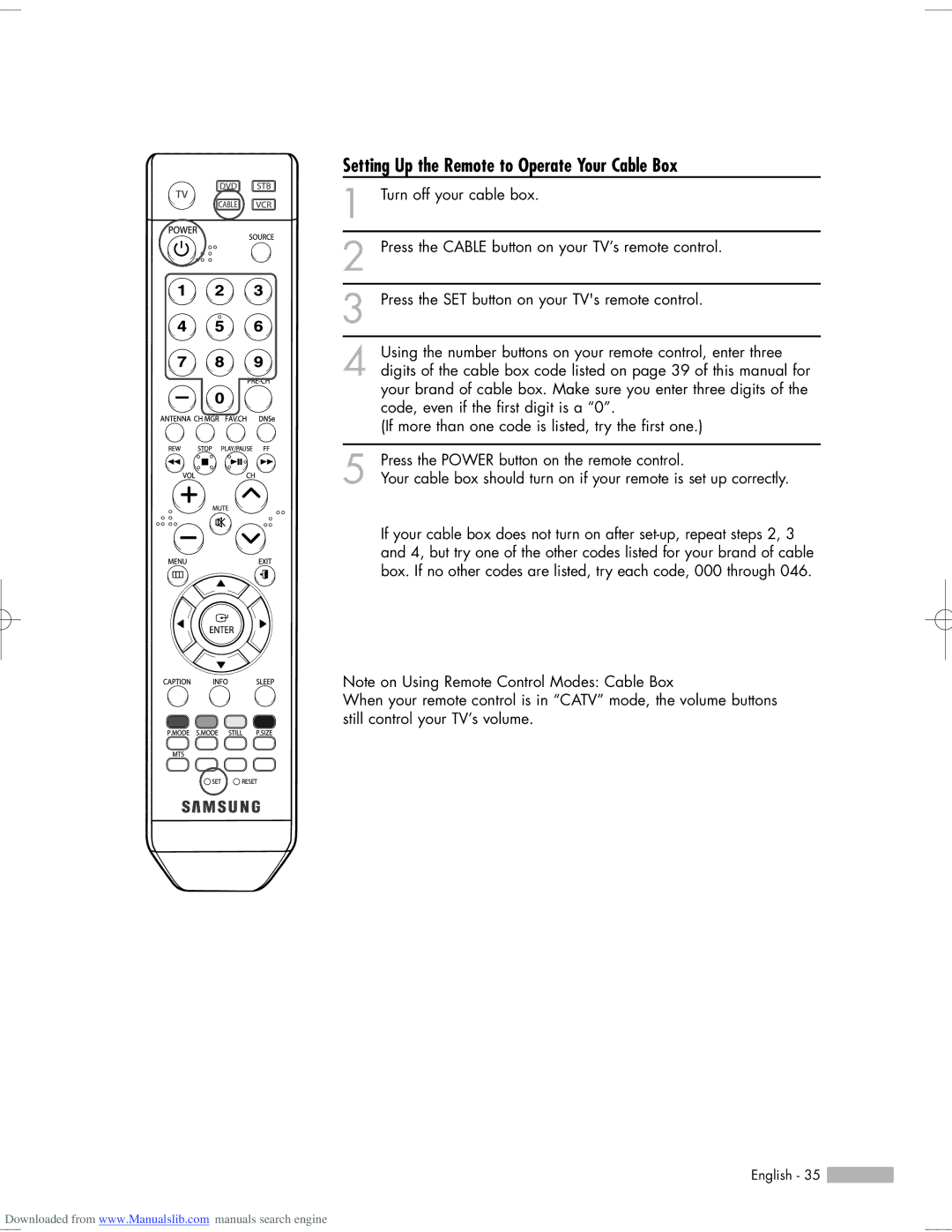 Samsung HL-S6765W, HL-S6165W, HL-S5665W, HL-S5065W, HL-S5055W manual Setting Up the Remote to Operate Your Cable Box 