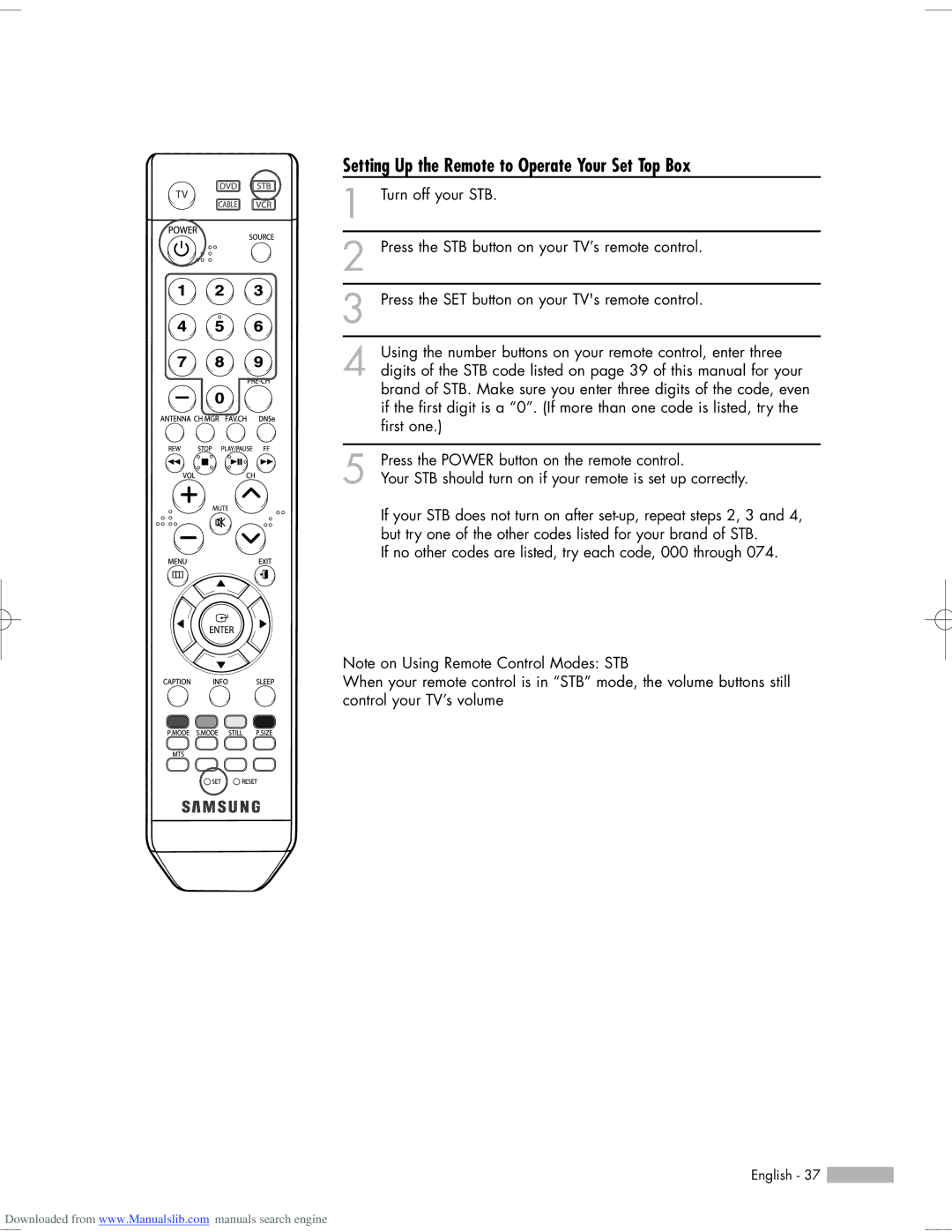 Samsung HL-S5665W, HL-S6765W, HL-S6165W, HL-S5065W, HL-S5055W manual Setting Up the Remote to Operate Your Set Top Box 