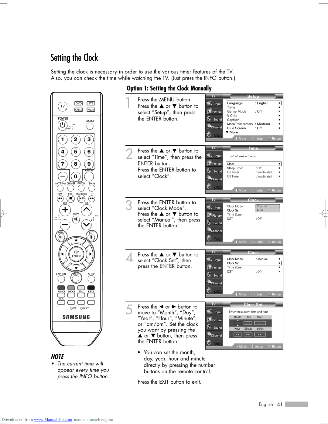 Samsung HL-S6165W, HL-S6765W, HL-S5665W, HL-S5065W, HL-S5055W manual Option 1 Setting the Clock Manually 