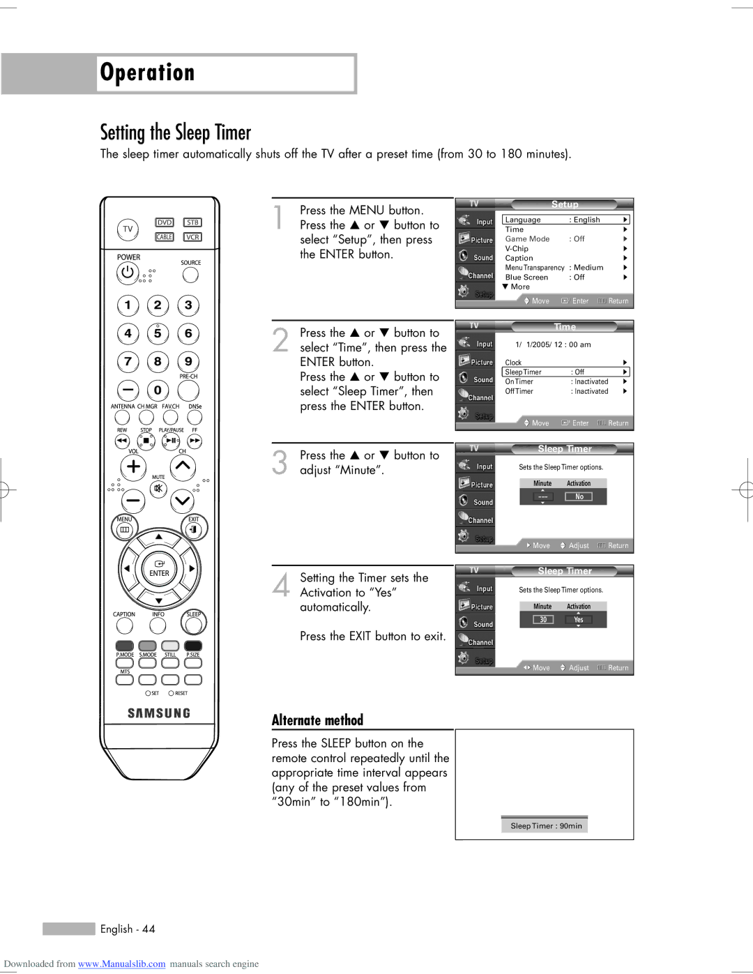 Samsung HL-S5055W, HL-S6765W, HL-S6165W, HL-S5665W, HL-S5065W manual Setting the Sleep Timer, Alternate method 