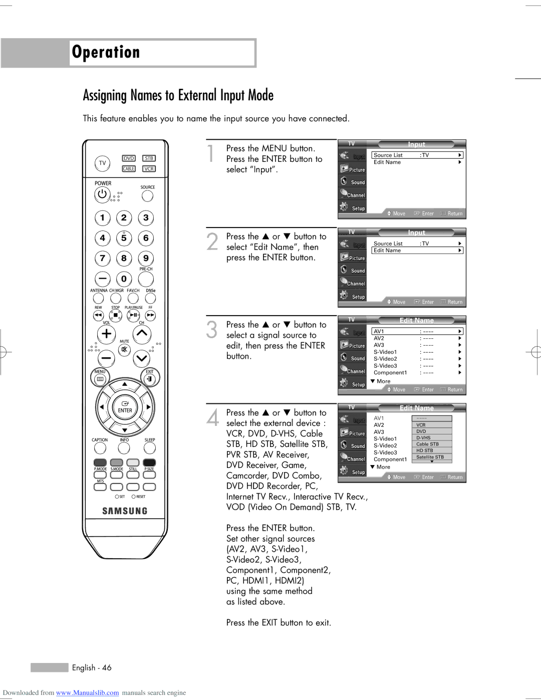 Samsung HL-S6165W, HL-S6765W, HL-S5665W, HL-S5065W, HL-S5055W manual Assigning Names to External Input Mode 