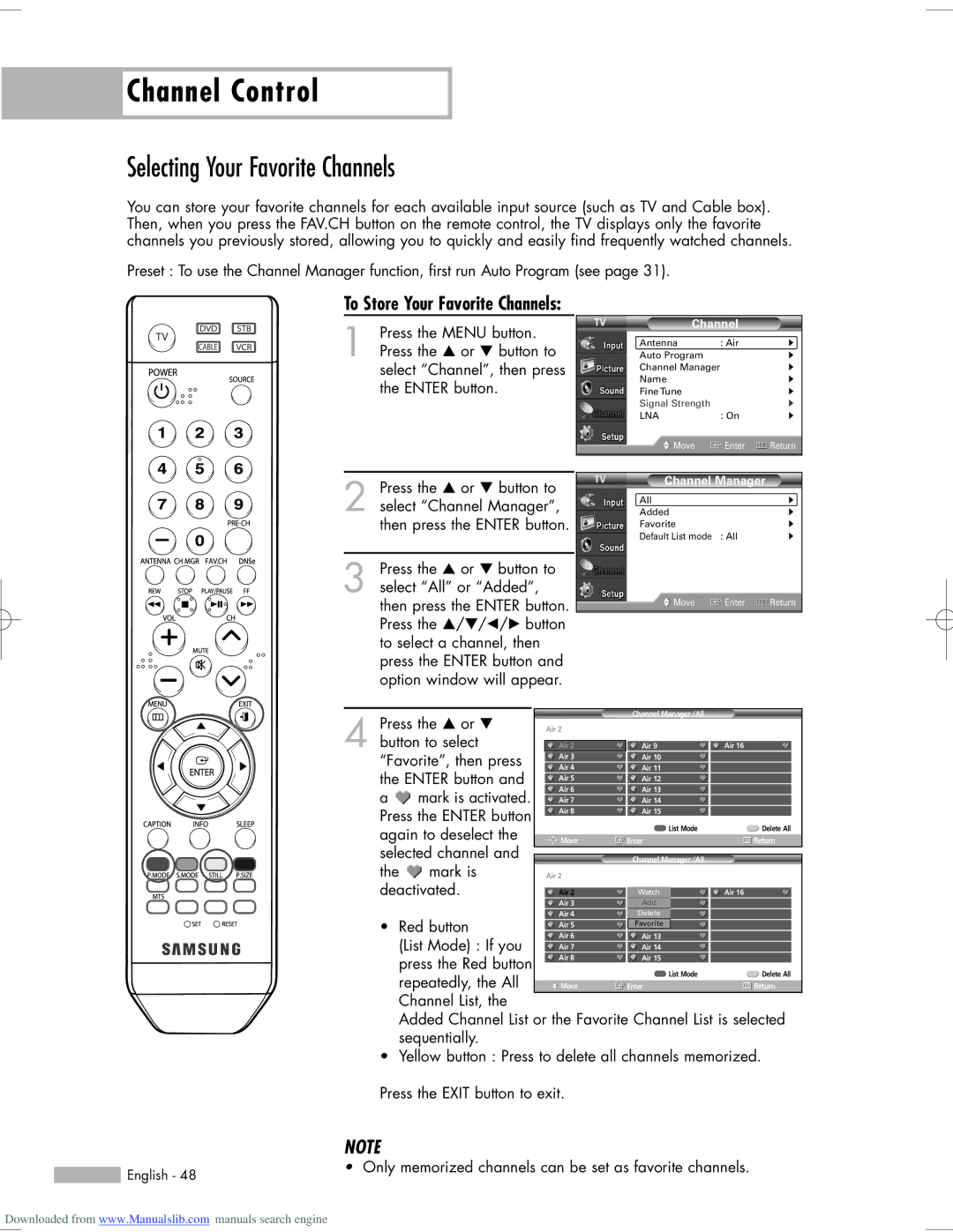 Samsung HL-S5065W, HL-S6765W, HL-S6165W Channel Control, Selecting Your Favorite Channels, To Store Your Favorite Channels 