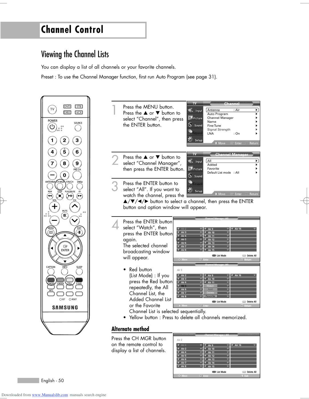 Samsung HL-S6765W, HL-S6165W, HL-S5665W, HL-S5065W, HL-S5055W manual Viewing the Channel Lists, Alternate method 