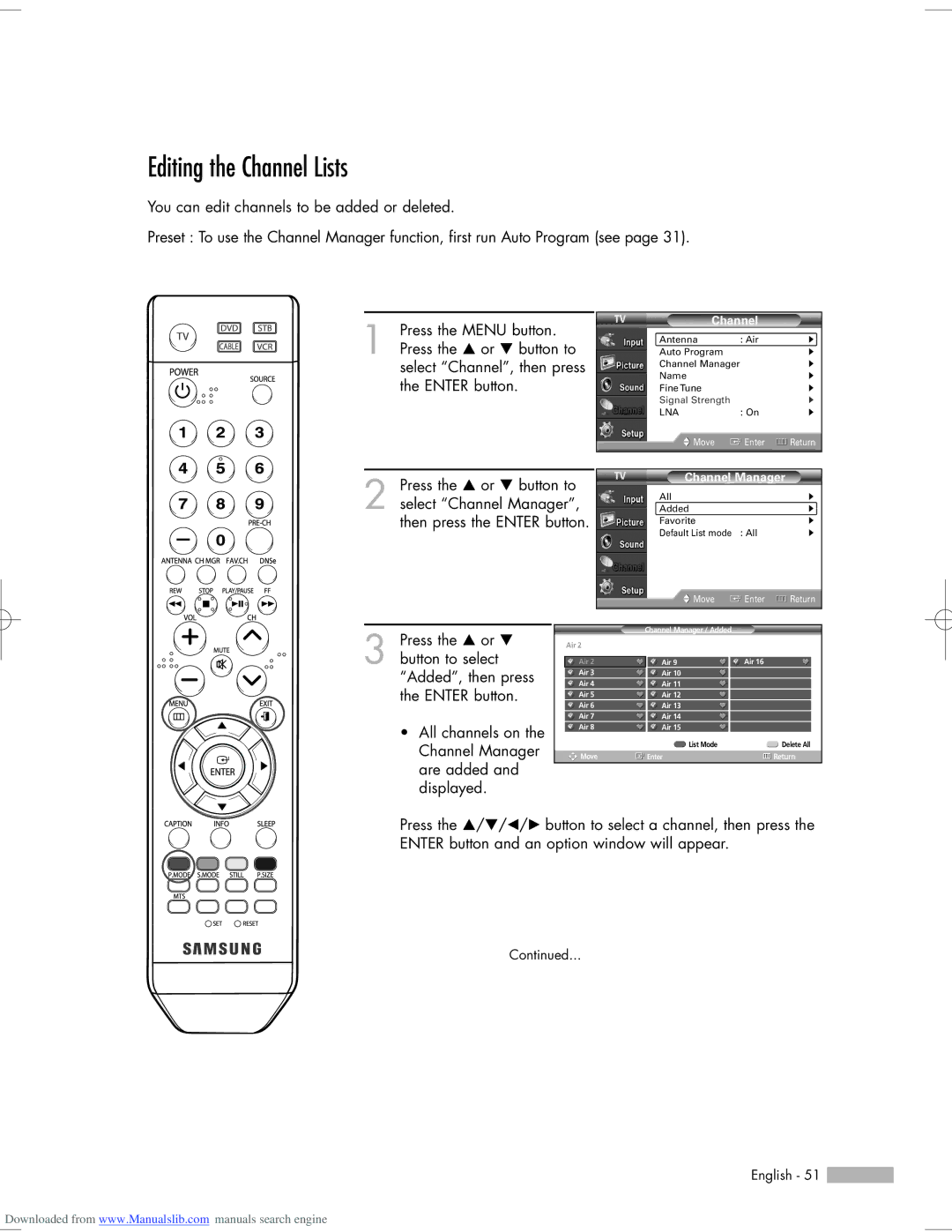 Samsung HL-S6165W, HL-S6765W, HL-S5665W, HL-S5065W, HL-S5055W manual Editing the Channel Lists 