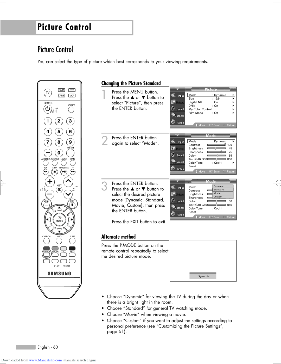 Samsung HL-S6765W, HL-S6165W, HL-S5665W, HL-S5065W, HL-S5055W manual Picture Control, Changing the Picture Standard 