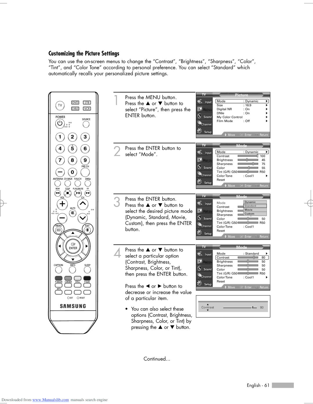 Samsung HL-S6165W, HL-S6765W, HL-S5665W, HL-S5065W, HL-S5055W manual Customizing the Picture Settings 