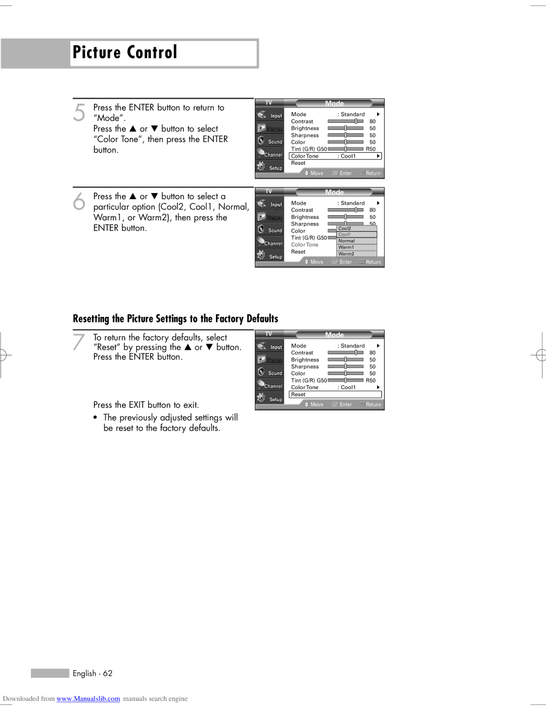 Samsung HL-S5665W, HL-S6765W, HL-S6165W, HL-S5065W, HL-S5055W manual Resetting the Picture Settings to the Factory Defaults 