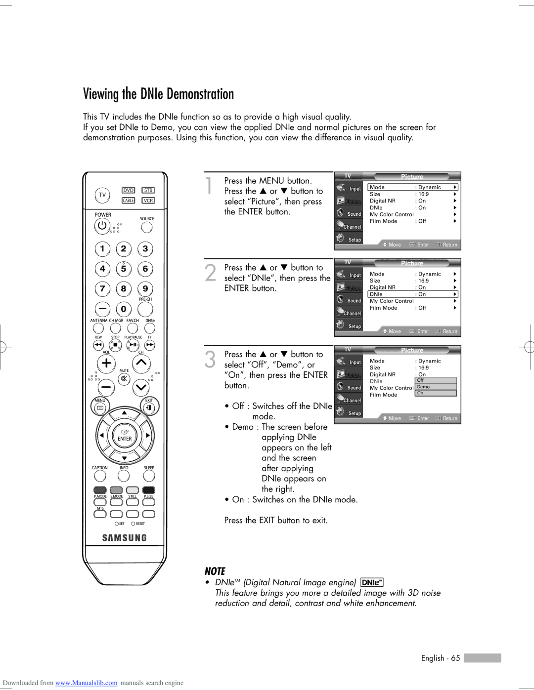 Samsung HL-S6765W, HL-S6165W, HL-S5665W, HL-S5065W, HL-S5055W manual Viewing the DNIe Demonstration 