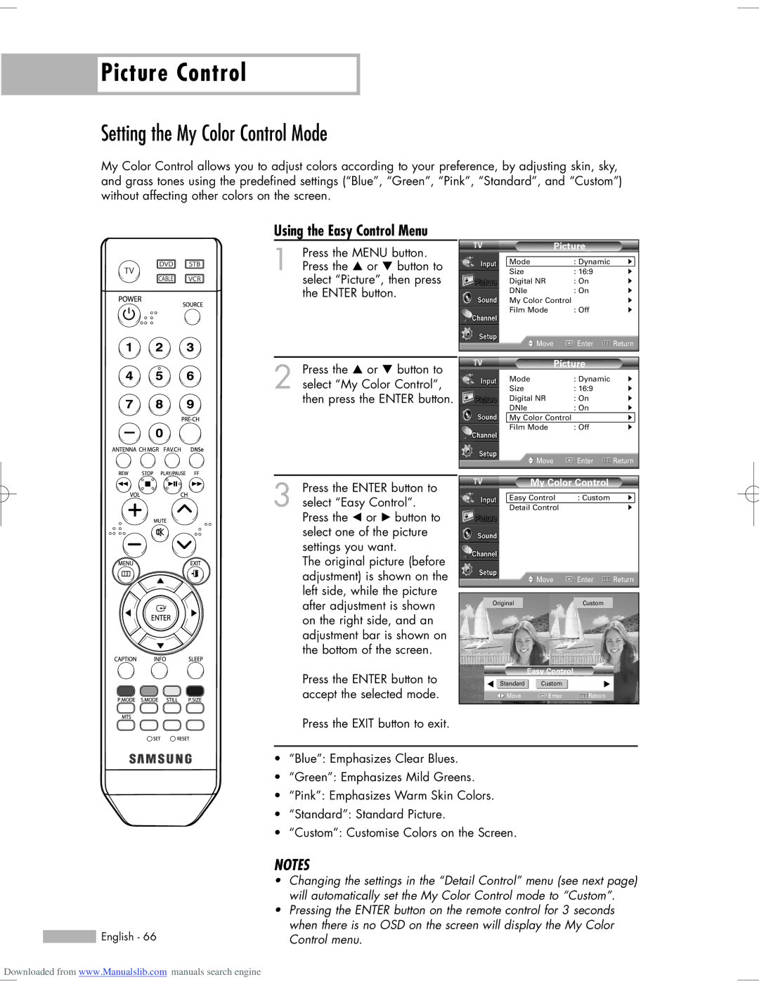 Samsung HL-S6165W, HL-S6765W, HL-S5665W, HL-S5065W, HL-S5055W Setting the My Color Control Mode, Using the Easy Control Menu 