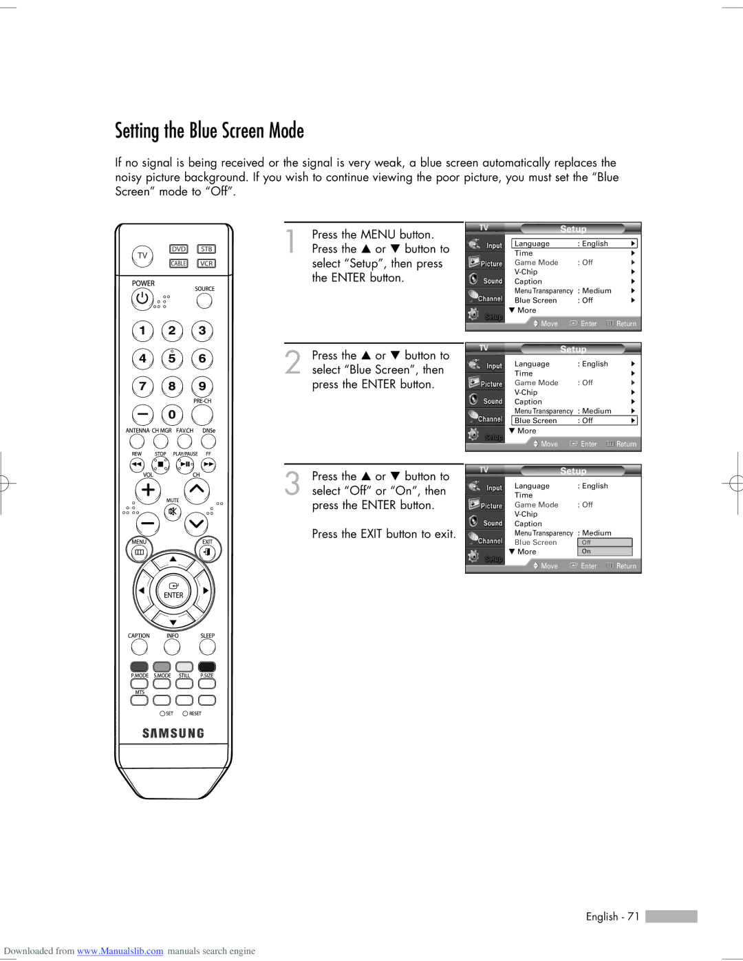 Samsung HL-S6165W, HL-S6765W, HL-S5665W, HL-S5065W, HL-S5055W manual Setting the Blue Screen Mode 