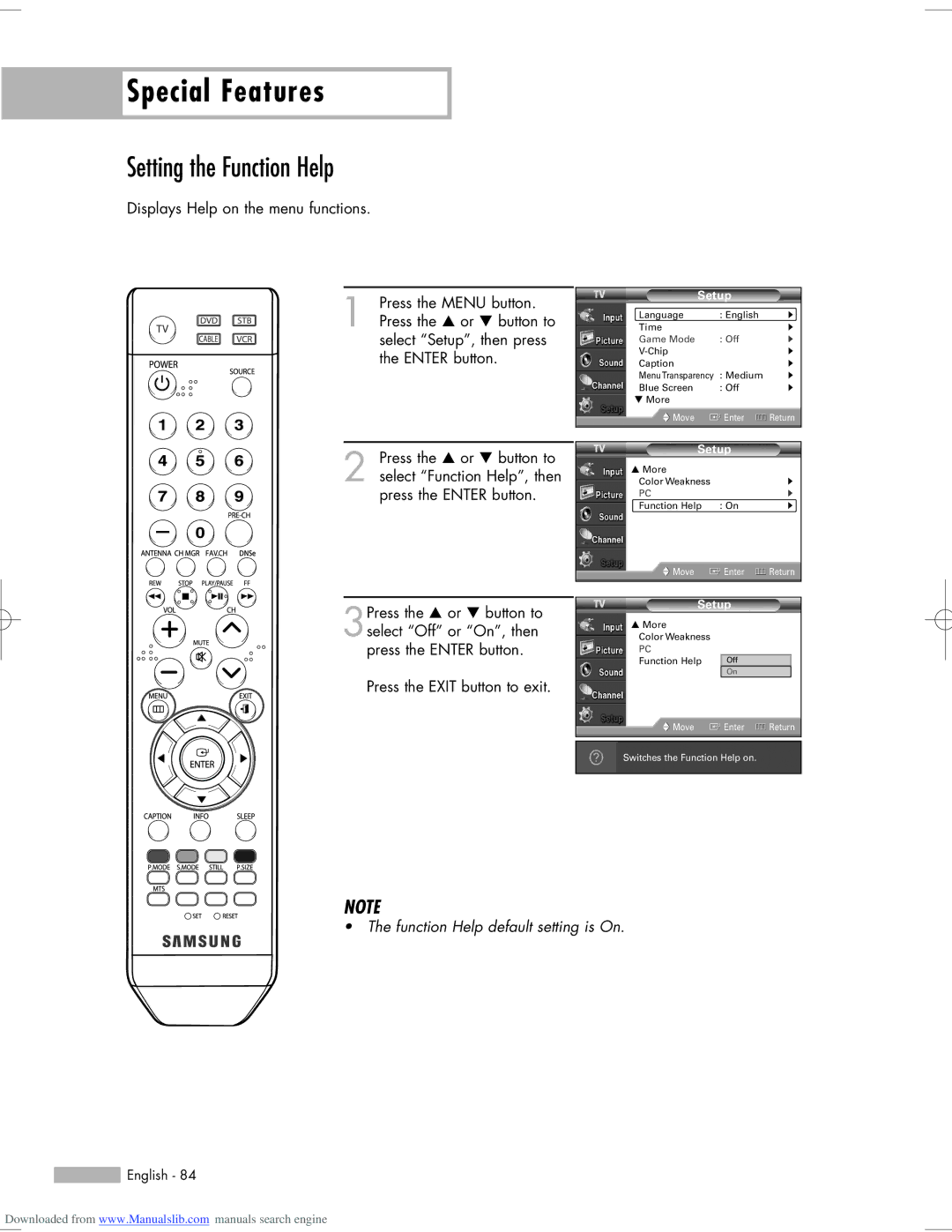 Samsung HL-S5055W, HL-S6765W, HL-S6165W, HL-S5665W, HL-S5065W manual Special Features, Setting the Function Help 